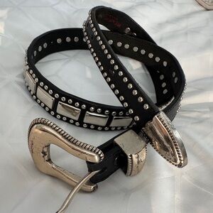 Western Leather Belt w/ Silver Buckle and Embellishments Size 36